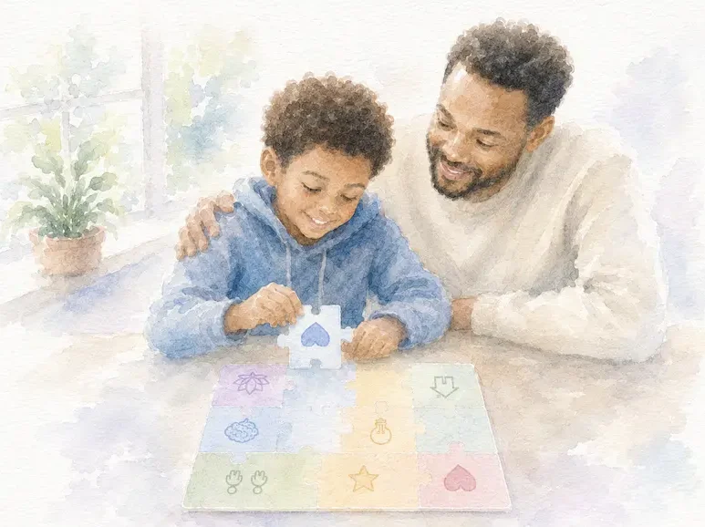 father with his arm around his son as they work on a puzzle together, deciding about psychiatric medication as a family