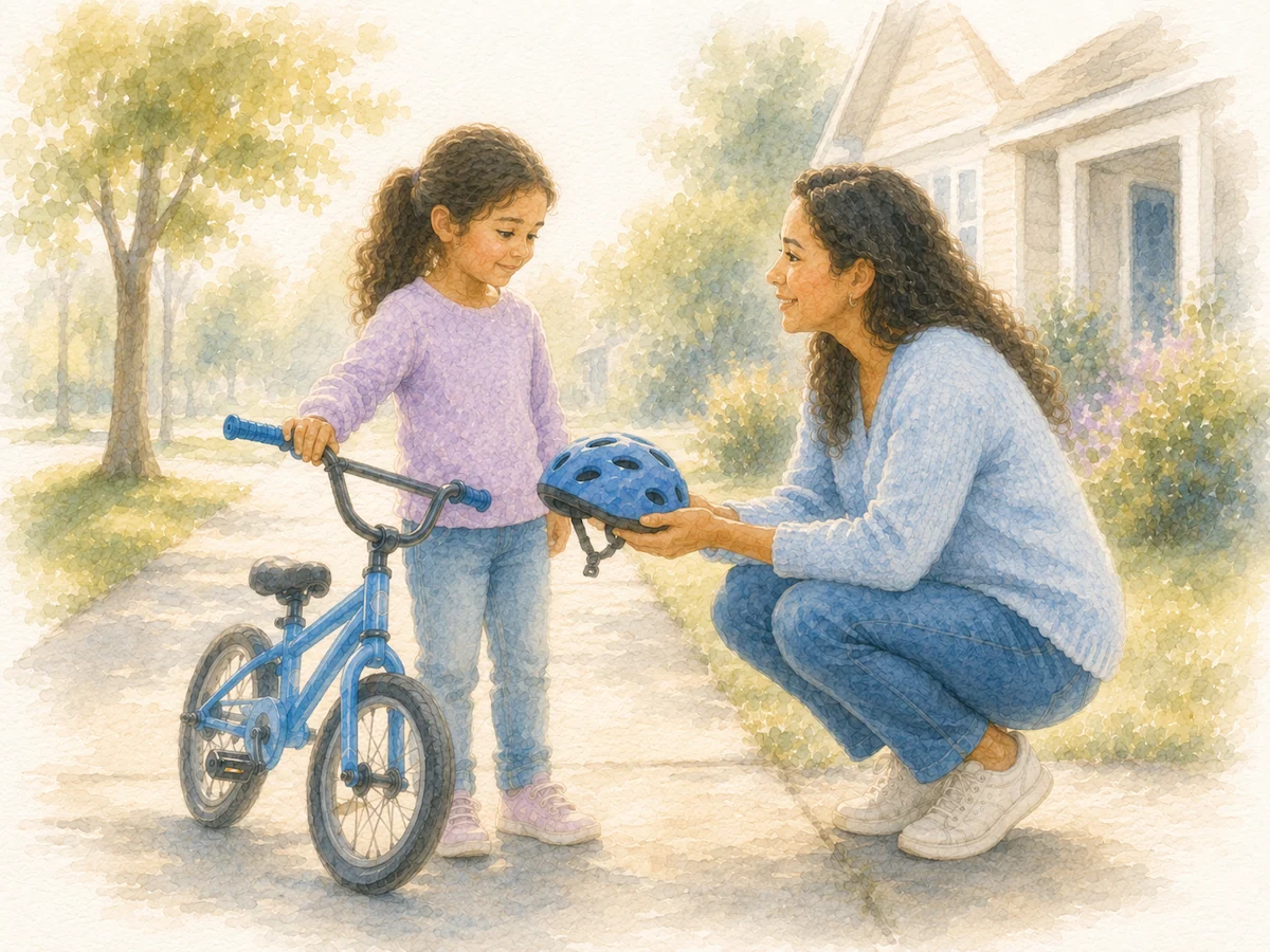 parent kneeling and offering a bike helmet to their child with an open hand, turning a demand into a request
