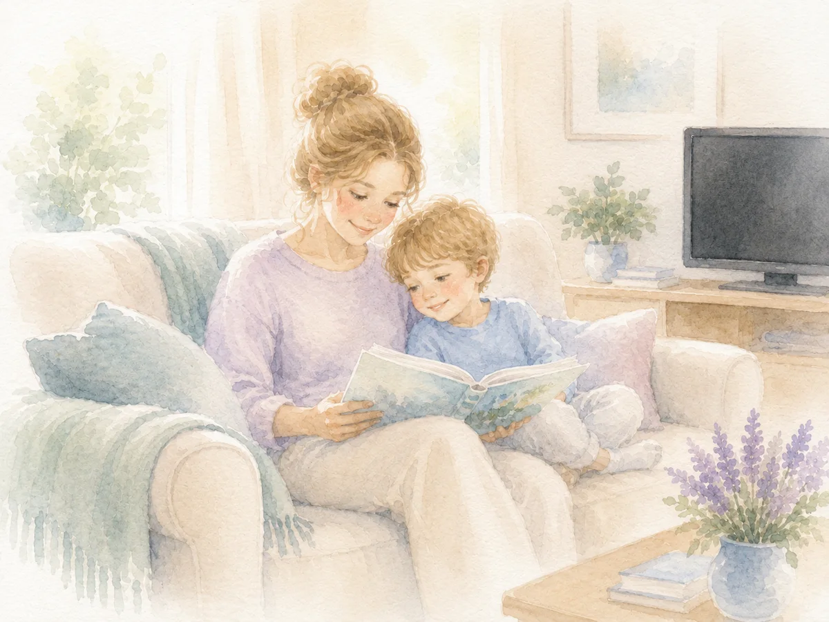 mother and son reading a book together with the TV turned off, enjoying screen-free time after working through screen meltdowns